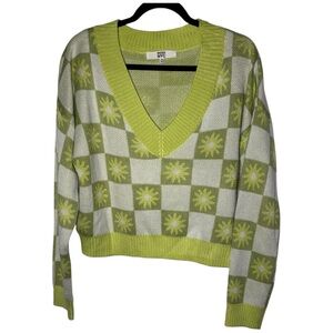 Madden NYC Checkered Floral‎ V-Neck Sweater Lime Green Star Starburst